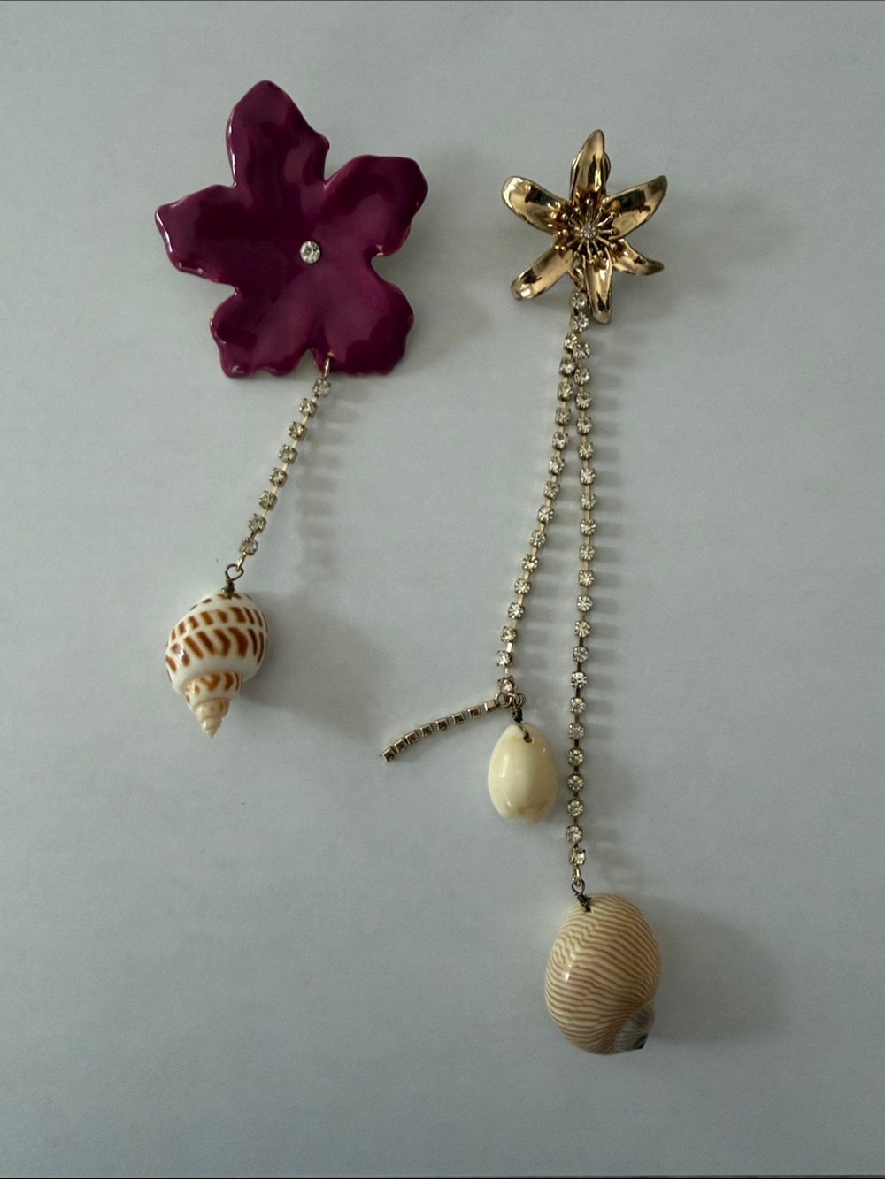 H&M Asymmetrical Floral Rhinestone Shell Drop Earrings - Purple & Gold - pierced